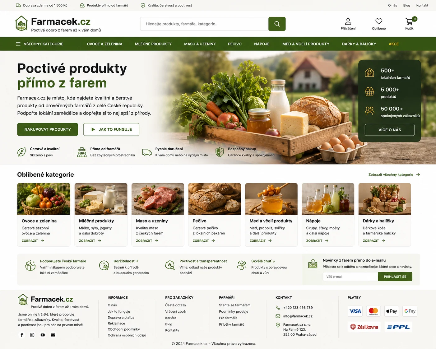 Dva návrhy webu Farmacek.cz: marketplace produktů přímo z farem a zeleně laděná online lékárna