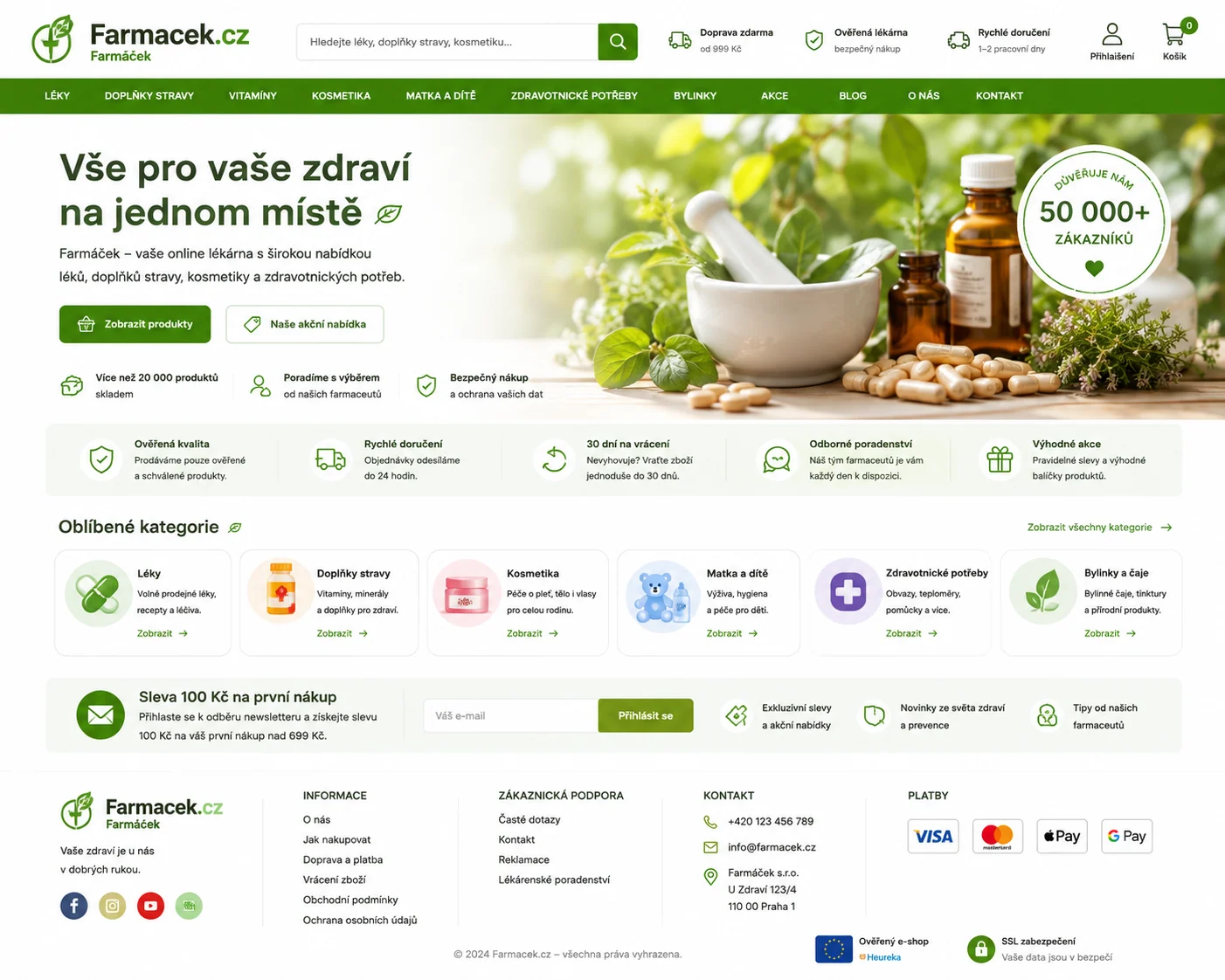 Dva návrhy webu Farmacek.cz: marketplace produktů přímo z farem a zeleně laděná online lékárna